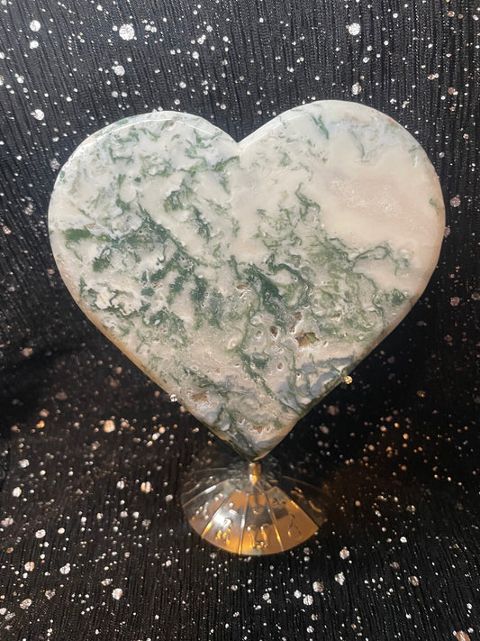 Moss Agate Heart With Stand